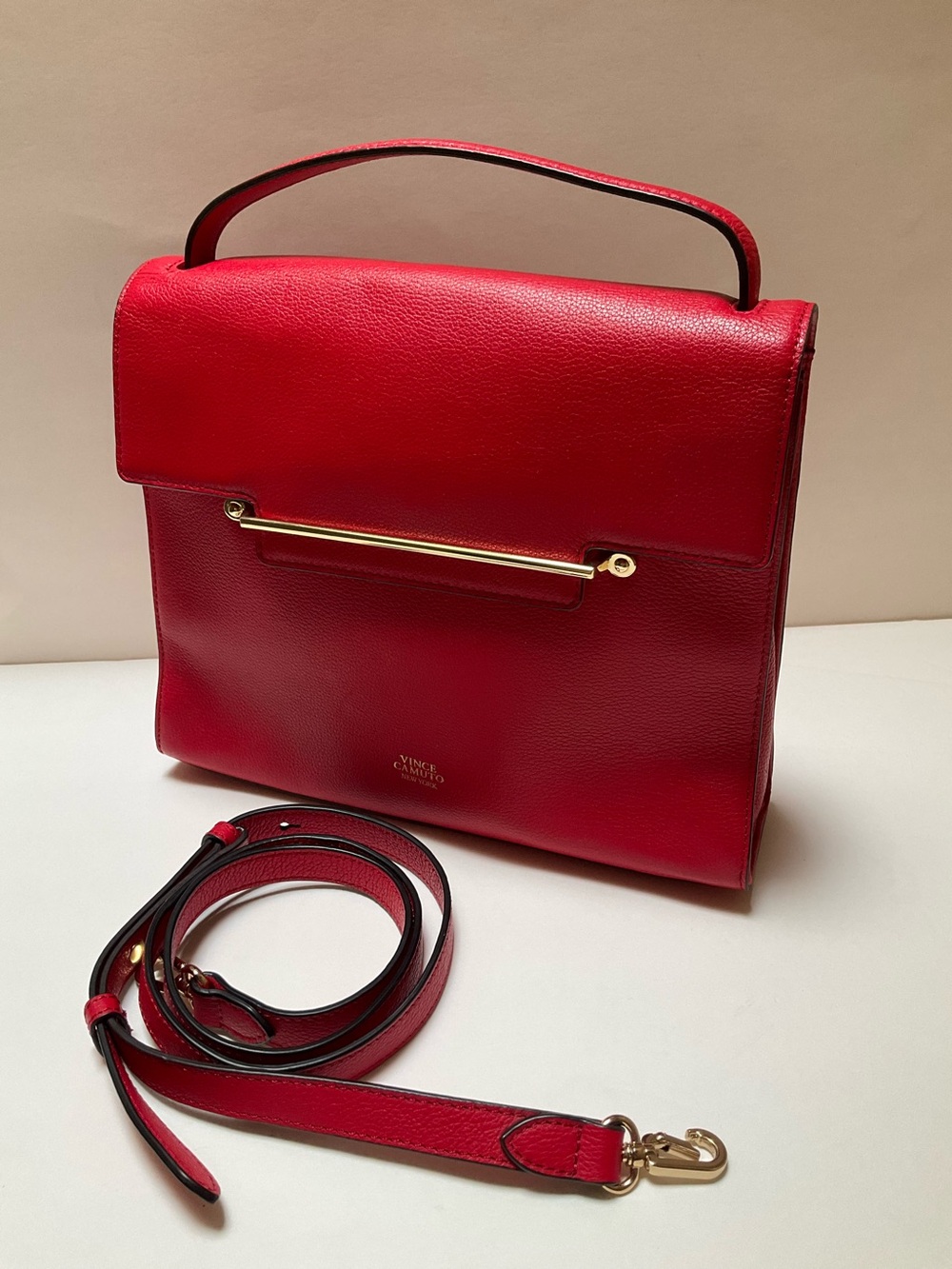 Vince Camuto Aster Cardinal Red Leather Satchel Handbag Top handle w/ Crossbody